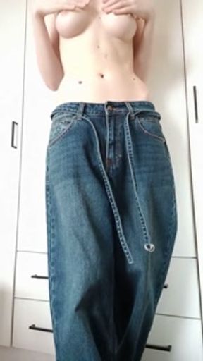 Belly Button Worship in Jeans with Bare Tits