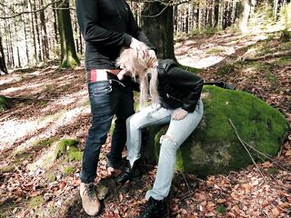 Outdoor Blow job-job in the Forest in Levis Jeans and Leather Jacket