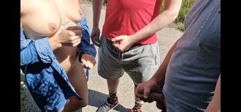 In the Parking Lot, Two Strangers Masturbate and Cum on Their Tits, Handjob