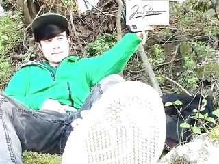 Risky masturbation outdoors a chap's voice caught this cute gay twink with his nuts hanging out, jerking off his uncut foreskin, his butt gap bare