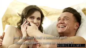 Petite brunette Nelya Jordan shares a big cock in sensual threesome