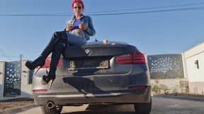 Nicotine Craving Denim Goddess – Seductive Smoking On The Trunk