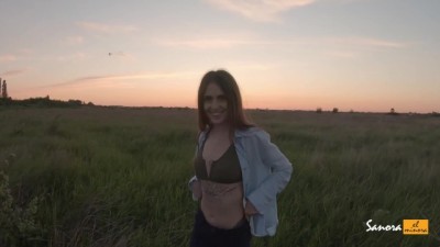 Blowjob on the Airfield from a Charming Brunette