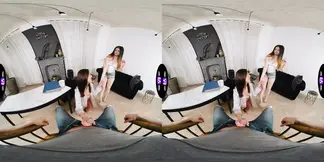 Stunning TS duo delivers threesome orgasms on living room floor