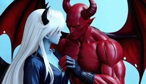 Blue devil girl and red devil man, perfect blowjob, 3P, multiple people