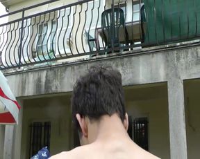 A Pretty Brunette Is Being Fucked by Three Big Cocks in the Garden.