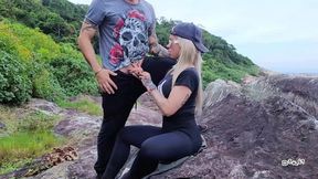 Stepsister on vacation takes me to the beach to suck my dick