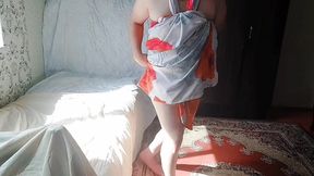 Naughty sissy blowing glitter from her soft hands