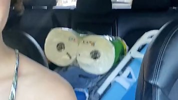 Small titted, amateur brunette, Ginger Banks is masturbating in the car while her partner is driving