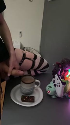 Femboy cums in his coffee and drinks it all