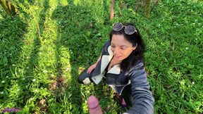 Forest Handjob: a Couple Gets Naughty - She Flashes Her Tits and Gives Him a Sneaky Handjob in the Woods