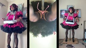 Sissy Maid with Her Serving Tray Riding Her Dildo Stand