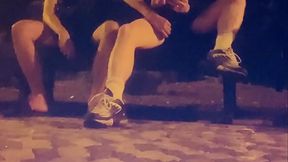 Amateur friends in a park, one is flashing his cock and gets a quick helping hand