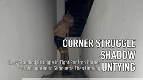Standing Struggle in Tight Rooftop Corner - Brown Work Outfit Sissy from Lighted to Silhouette & Untying