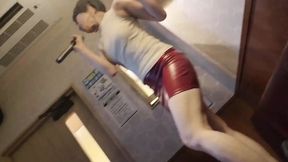 Masked boxer gets extreme blowjob and cums in her hand during lovers's karaoke session