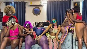 Seven hot African teen vixens in a wild lesbian orgy