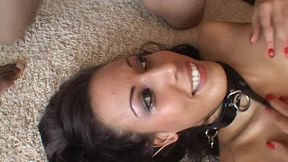 Skinny girl swallows cum after sucking and riding two black cocks