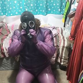 Latex Jelly Loose Purple Body Suit over Swimsuit Gasmask Breathplay Vibrator