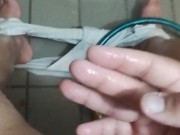 Cleaning the balcony playing with the water hose and get horny