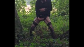 crossdressing sissy shoots his load a long way in public woods