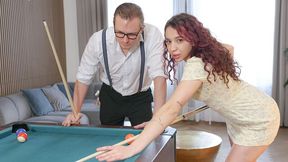 Curly and young girlfriend Bonney likes jumping on a big boner