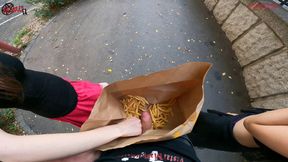 Public Double Handjob Hidden In Fries Bag, Hard&#x5C04;!