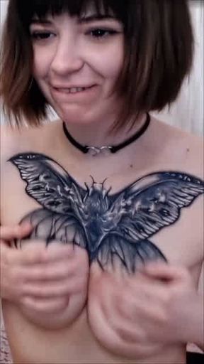 Tiny tattooed emo teen girl with bangs gets deepthroat facefuck and facial cumshot live on webcam