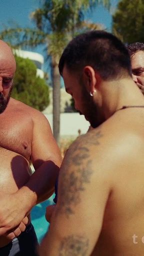 Poolside Cream Rubdown: Four Hands Slick up a Needy Sub, Sandwiched