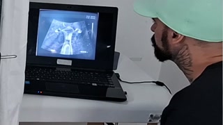 Gynecologist performs ultrasound on the cuckold's wife.