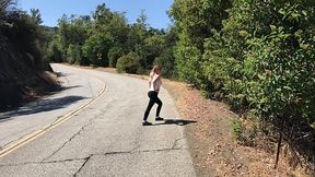 blonde amateur babe Jogging behind the scenes of shooting her outdoor personal trainer creampie movie