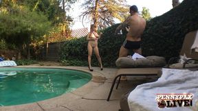 penny pax lifts her plaid skirt exposing her bare pussy at the pool!