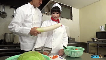 Chef and restaurant manager discipline the Asian cook by making her squirt with thick vegetables