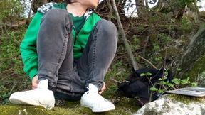 Risky masturbation outdoors a man's voice caught this cute gay twink with his balls hanging out, jerking off his uncut foreskin