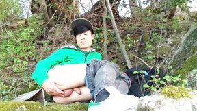 Risky masturbation outdoors a man's voice caught this cute gay twink with his balls hanging out, jerking off his uncut foreskin