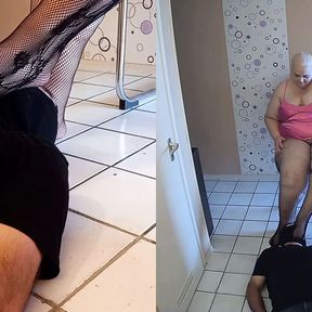 Worshiping the fishnets feet of a BBW