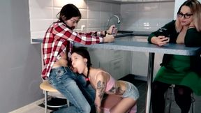 Secret Blowjob under the table while watching the tape on Twitter
