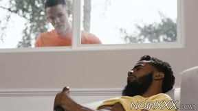 Bearded black jock rides huge cock after he rimmed his lover