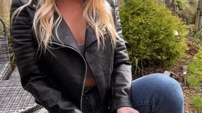 Hot Blonde Smokes Marlboro Red in Leather Jacket and Crushes in Sneakers ~ Miss Kiki