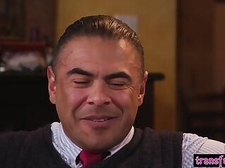 Horny big tits shemale fucked teen sitter and shared her with big dick dude