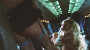 Hot Flight Scene 1 Lesbian Flight Attendants with Big Tits and Horny Fuck Each Other with a Dildo on the Plane