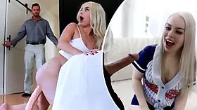 Naughty petite housekeeper climbs on top for quick pound & ejaculation!