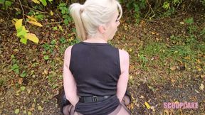 Public Pissing Blond Nylon Babe Gets Cum on Her Pantyhose