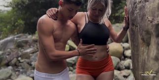 Young stepson fucks his curvy milf at the river for the first time