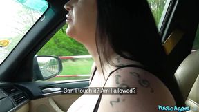Hitchhiker plays with her big tits and asks for cock