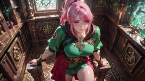 Deep squat teasing under the giant magic array, green battle gear stretched tight.