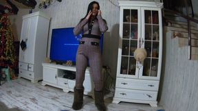 Cheating wife blow her husband friend while waring a hot jumpsuit and a fur hooded downjacket 232