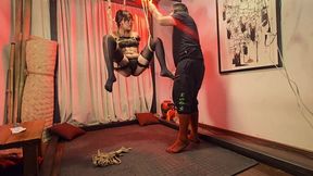 Petit girl tied and hammered with giant dildo in Shibari setup