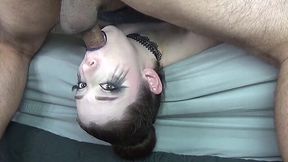 Sloppy goth babe gets extreme throat slamming upside down
