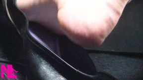 Revving and Driving in Black Leather Flats on Barefeet