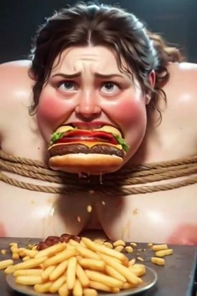 Tied up SSBBW Eats Massive Meal While Kneeling - Belly Stuffing